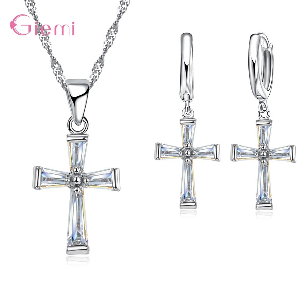 Prachtige Mode Hanger Ketting Oorbellen 925 Sterling Zilveren Sieraden Sets Fantastische Cross Shape Crystal Vrouwen