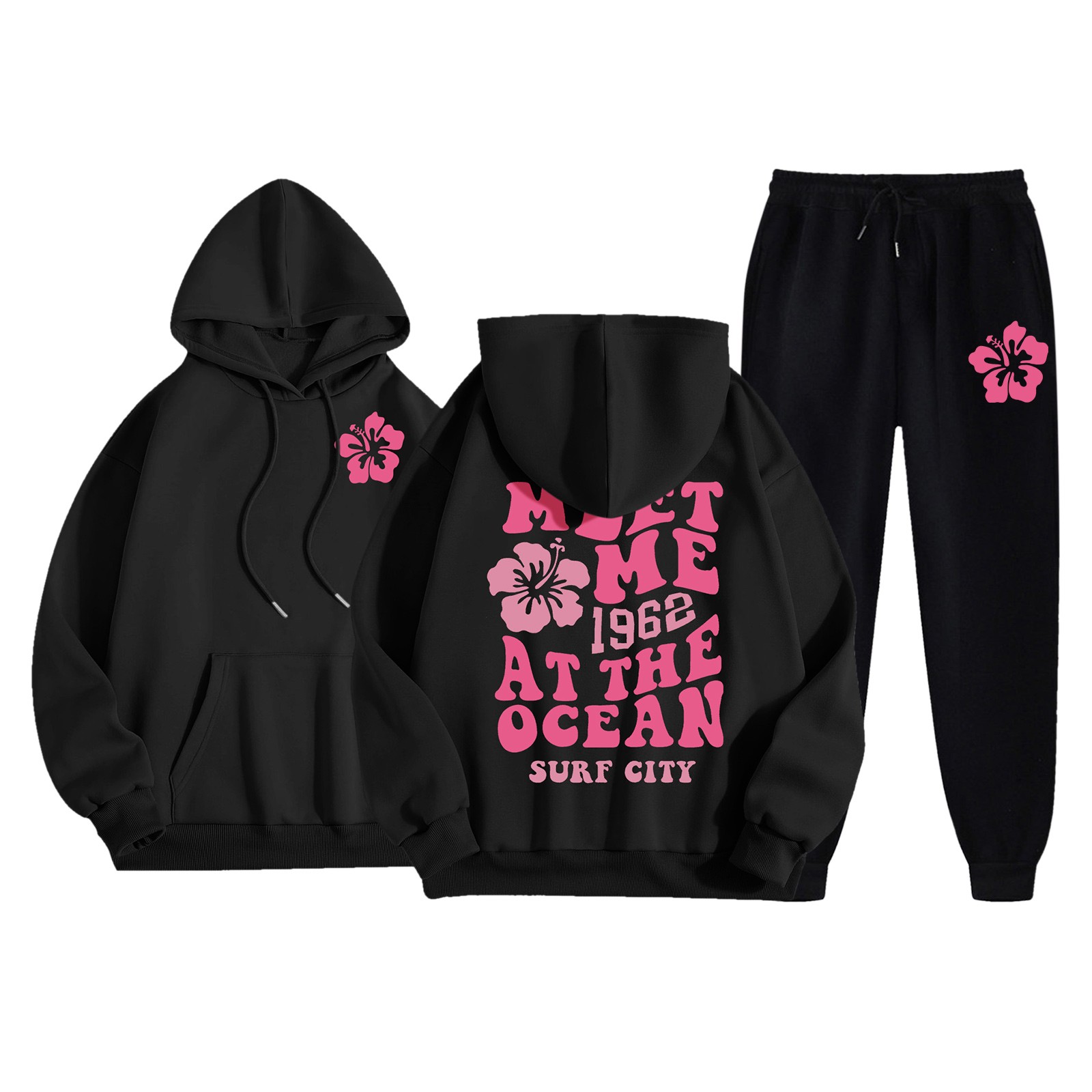 Damkläder i två delar set hoodie sweatshirt och långa mjukisbyxor joggingbyxor dam fina byxdressar fina byxdressar för kvinnor: Xl / Svart