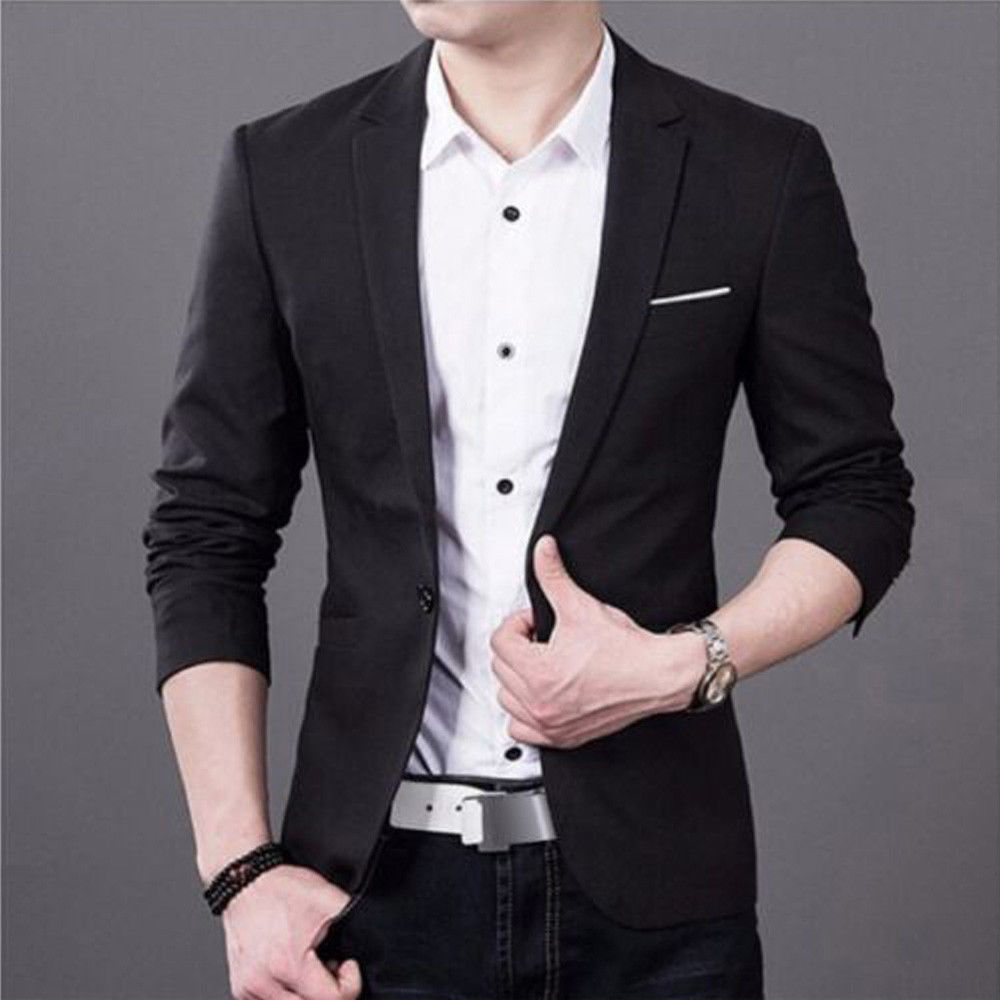Korean Men Blazer Casual Slim Fit Office Suit Autumn Winter Jacket Coat Blazer Men's Business Blazers BB50XZ: Black / XXXL