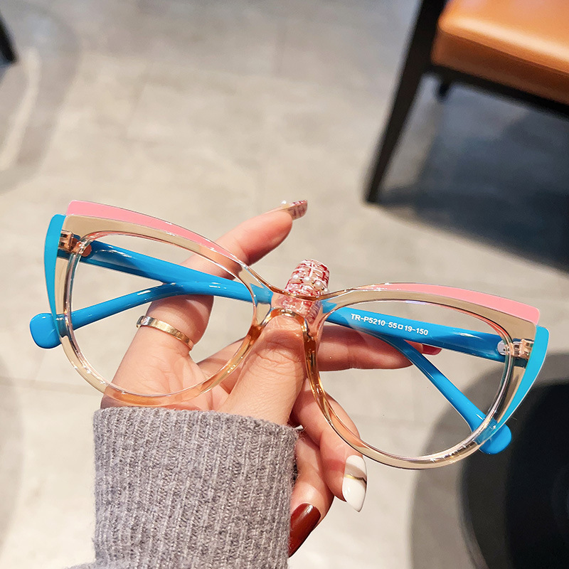 56691 Regenboog Optische Spektakel Frame Vrouwen Mode Gekleurd Wenkbrauw Frame Platte Spiegel Cat Eye Anti Blauwe Computerbril