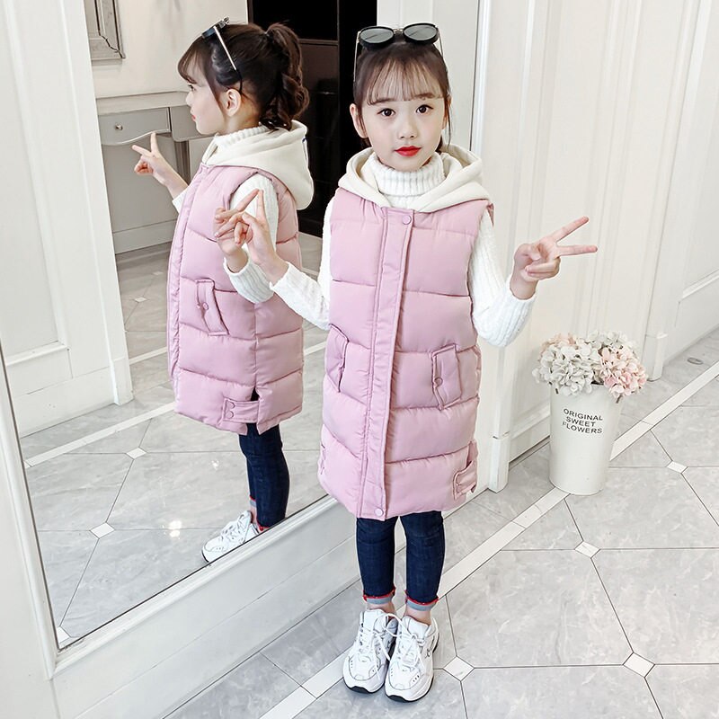 Winter warm vest voor kinderen meisjes tieners witte capuchon dikke donsjassen pure kleur mouwloze vesten outdoor jassen: Roze / 4t