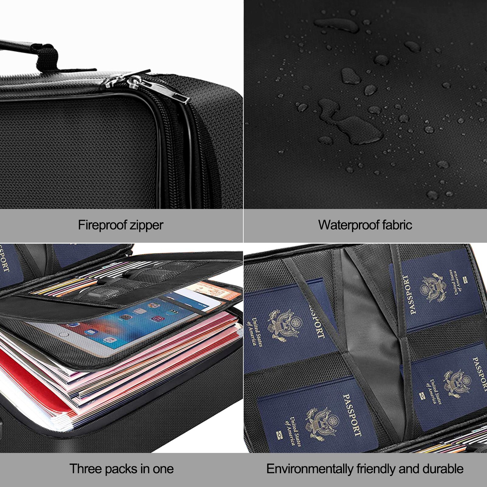 Waterproof Fireproof 3-layer Document Storage Box Lockable Document Bag Portable Travel Storage Bag For Notebooks, Certificates