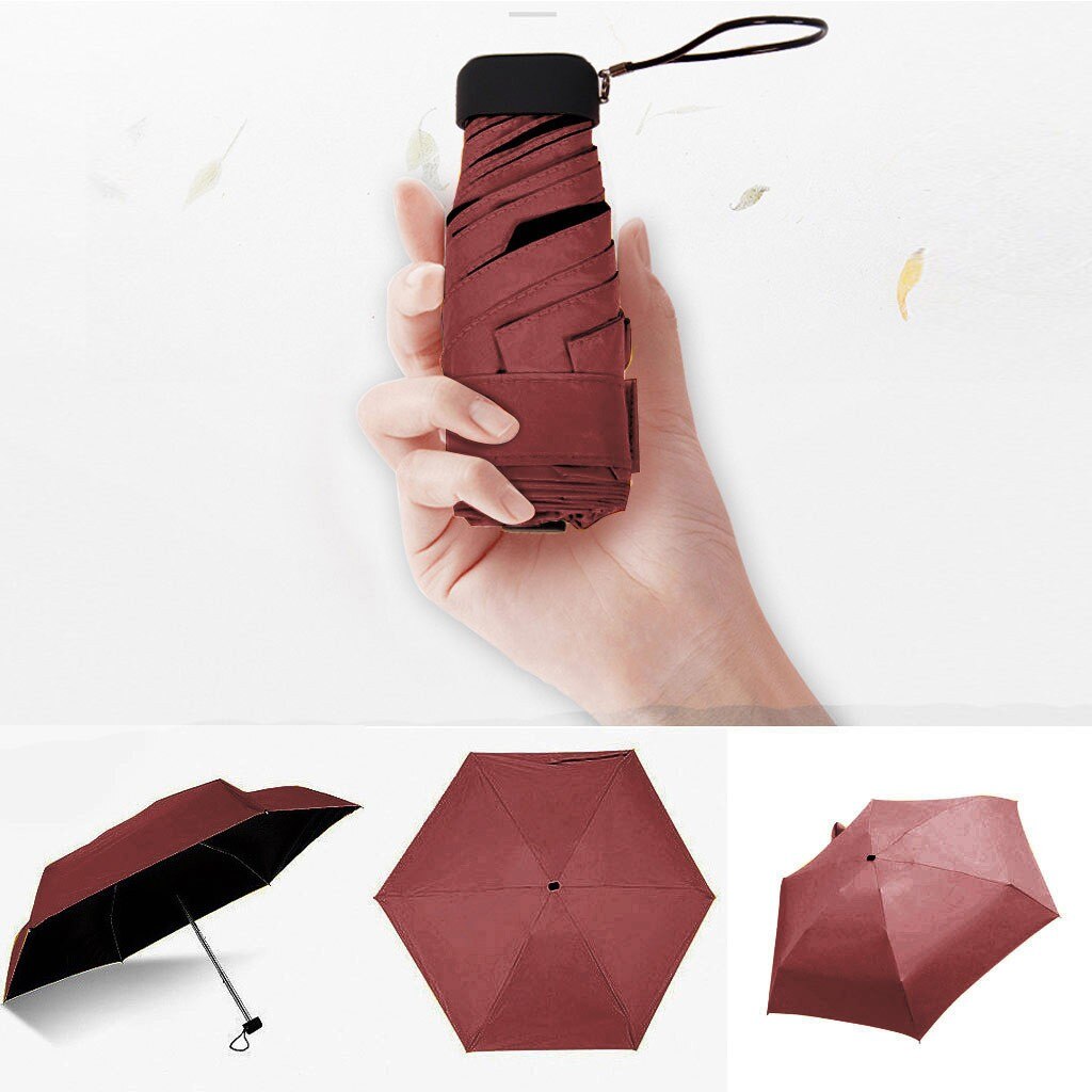 Parasol flad letvægts paraply parasol foldning sun mini 5 foldning ultra let foldbar paraply uv beskyttelse: Rød