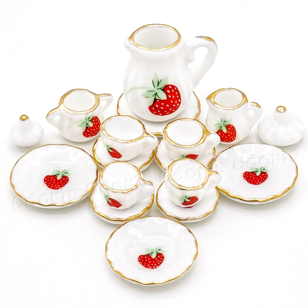 Odoria 1:12 Miniature 15pcs Porcelain Tea Cup Set Chintz Flower Tableware Kitchen Dollhouse Accessories Decor ( 14 Patterns ): Strawberry