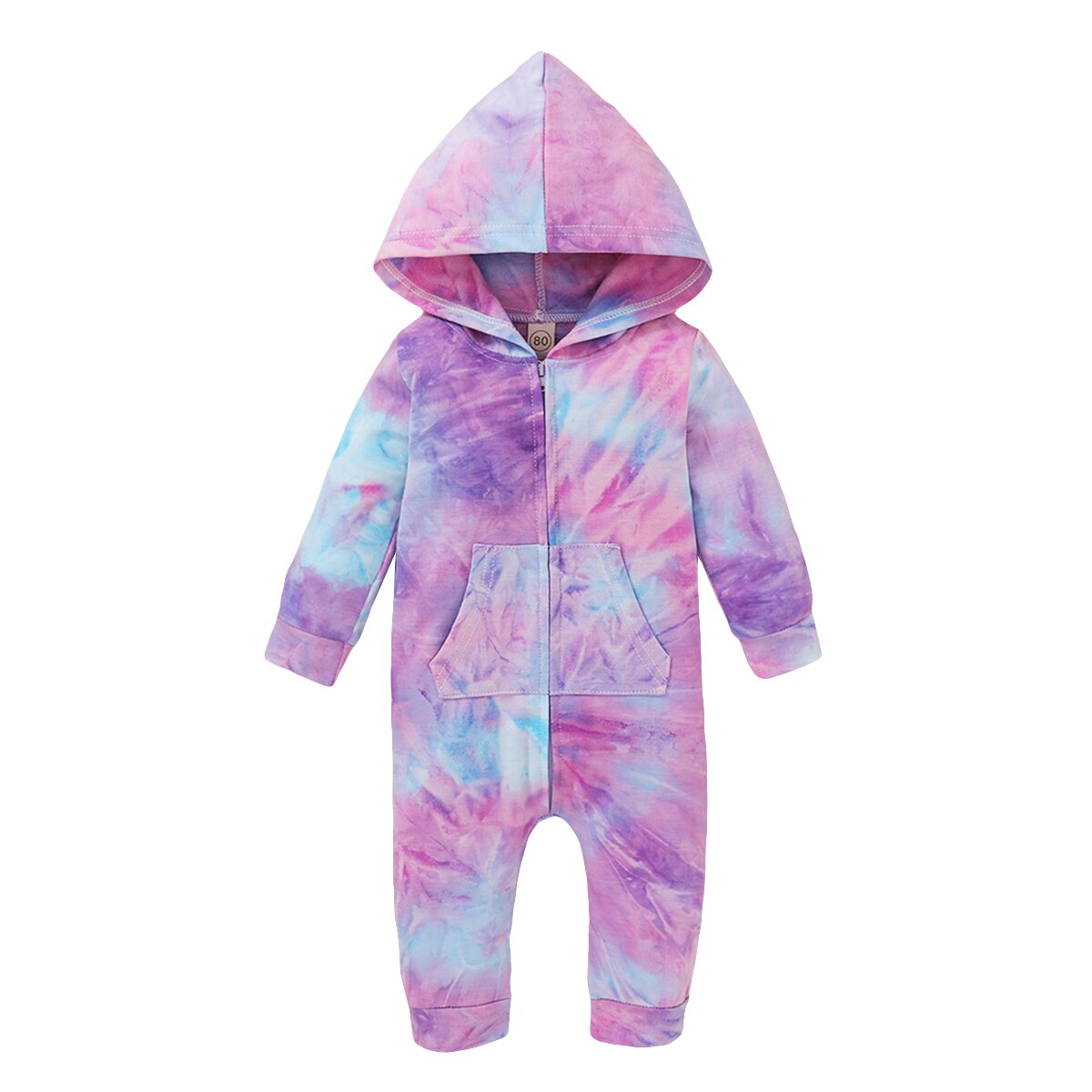 Mise au point 0-18M cravate-teinture imprimé bébé filles garçons barboteuses fermeture éclair manches longues à capuche automne combinaisons 3 couleurs: A / 12M
