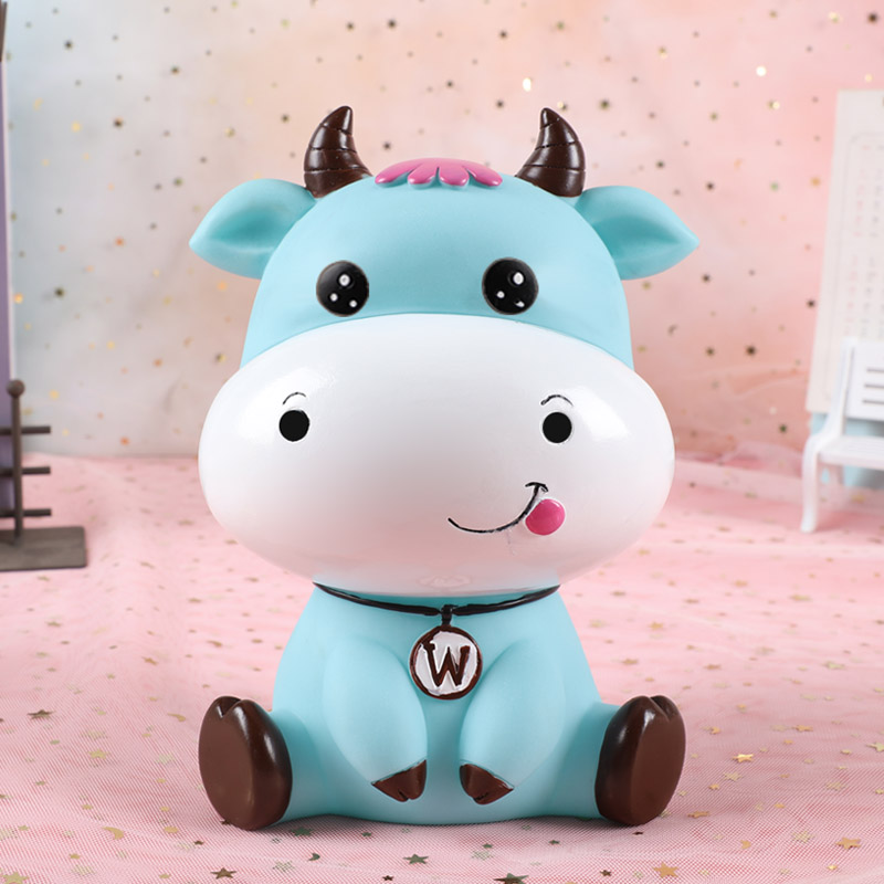 Lovely cartoon cow piggy bank -proof children can save Year of the Ox piggy bank for boys and girls ornaments: Small(blue) open