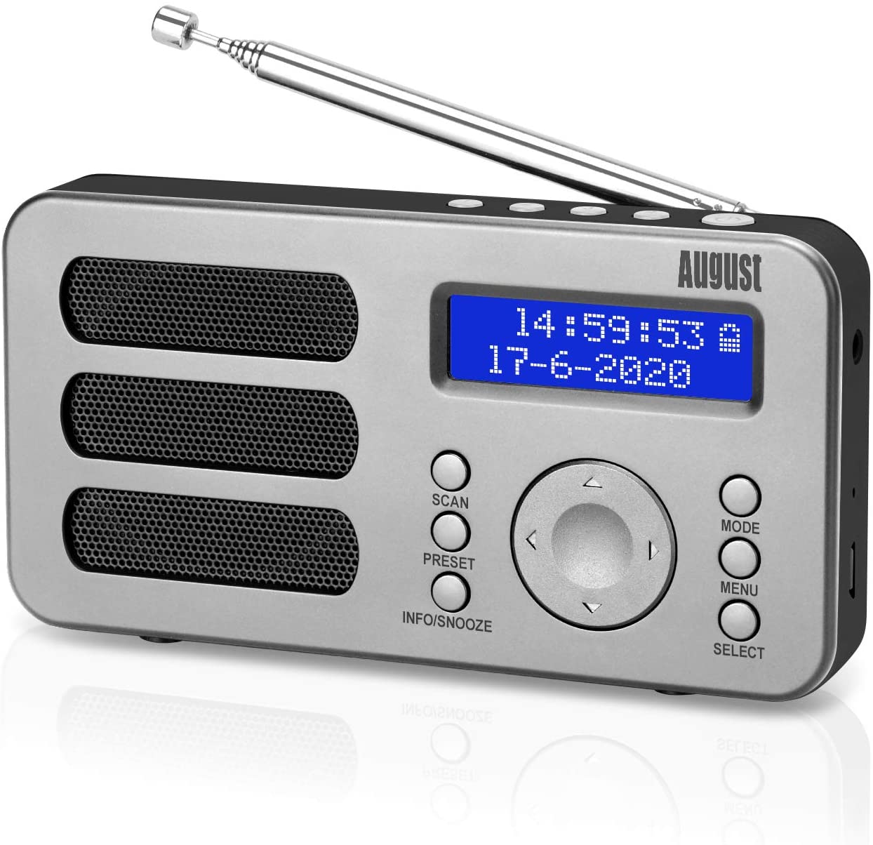 August MB225 Radio Portátil Digital Dab/Dab+/FM Radio Pequeña con Batería Recargable Dual Alarma Despertador Snooze RDS 40 Presintonias Pantalla LCD Radio Estéreo/Mono