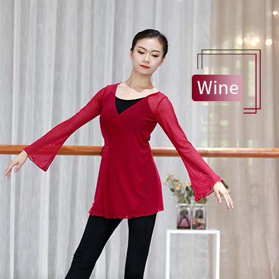 Women Mesh Ballet Dance Overall Flare Sleeve Adults Girls Women Ballet Tops Wrap Dance Coats: Red / S