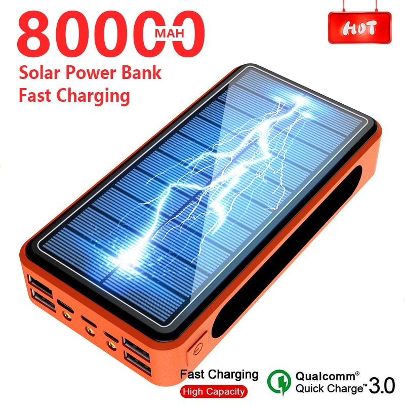 With Powerful Camping LED Light 80000mAh Solar Power Bank 4 USB Type C Poverbank Portable Charger for IPhone 11 X IPad Samsung