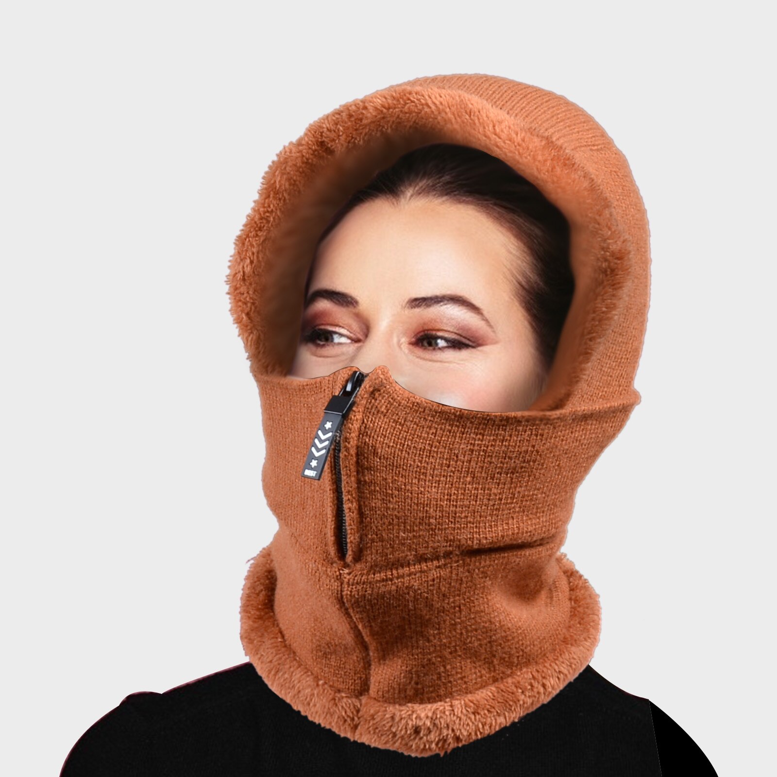 Winter Solid Black Knitted Hat Autumn Winter Ear Protection Thickened One Piece Cap Keep Warm Windproof Hat Face Cover #T2G: Coffee