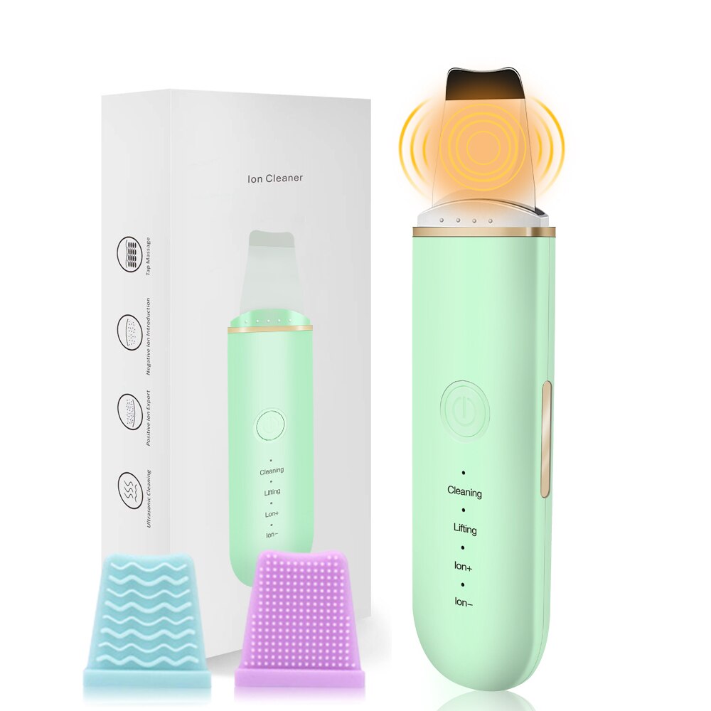 Ultrasonic Skin Scrubber Ion Deep Face Cleaner Blackhead Remover Face Shovel Skin Scraper Facial Spatula Ultrasound Peeling: green