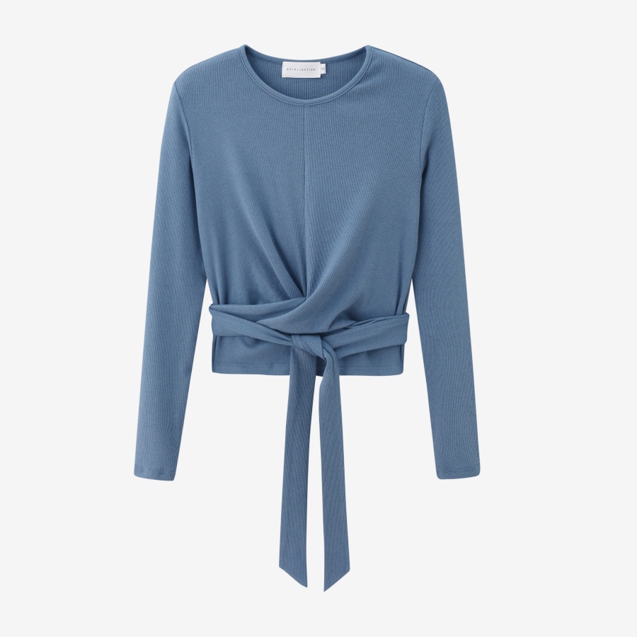 AS 2025, sommerliche, gerippte, geschlossene Wickeltops + Aline-Kleid mit hohem Stretch-Matching-Sets: M / Himmel Blau