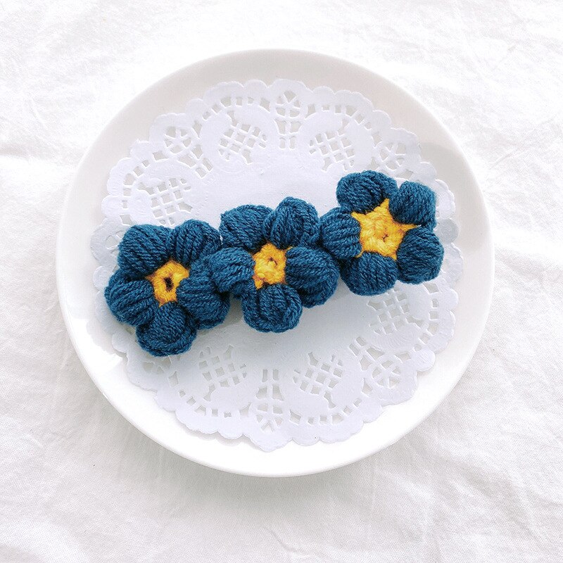 Horquillas con lazo de flores para bebé, pinzas para el pelo de lana tejidas a mano, accesorios para el cabello de niña pequeña, accesorios para el invierno: 3