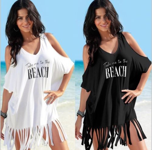 Strand badedragt dække op kvinder hvid sort sarong off skulder kaftan bikini badedragt frynsede skjorte toppe badetøj