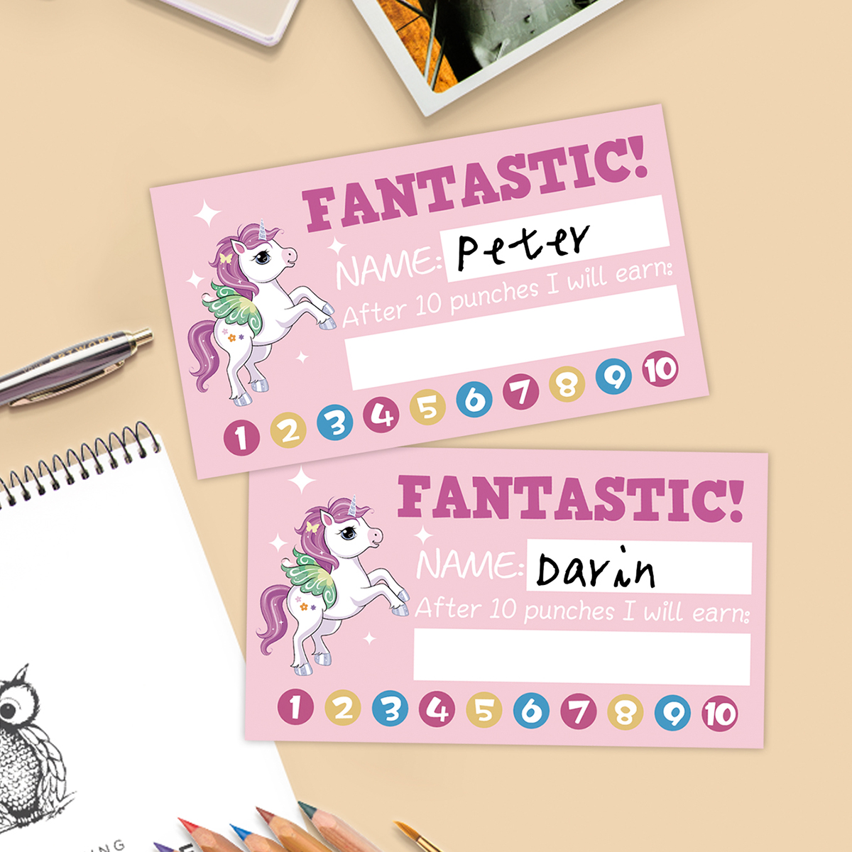 50 Uds. Tarjetas perforadas de incentivo de recompensa para niños de dibujos animados de 3,54x1,97 pulgadas para niños, estudiantes, profesores motivados, enseñanza de pequeñas empresas