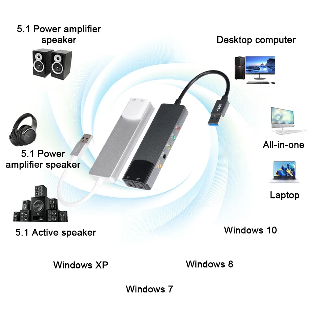5 interfaces 5.1 áudio usb placa de som óptica externa adaptador conversor de áudio multifuncional para notebook placa de som de alumínio