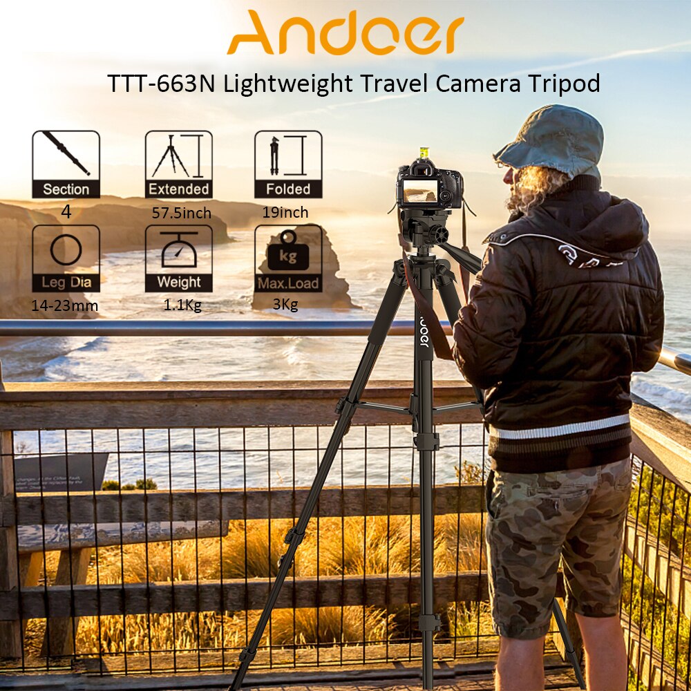 Andoer trípode ligero para cámara de viaje de 57,5 pulgadas para fotografía, de Vídeo Grabación, soporte para videocámara SLR DSLR con bolsa, abrazadera para teléfono