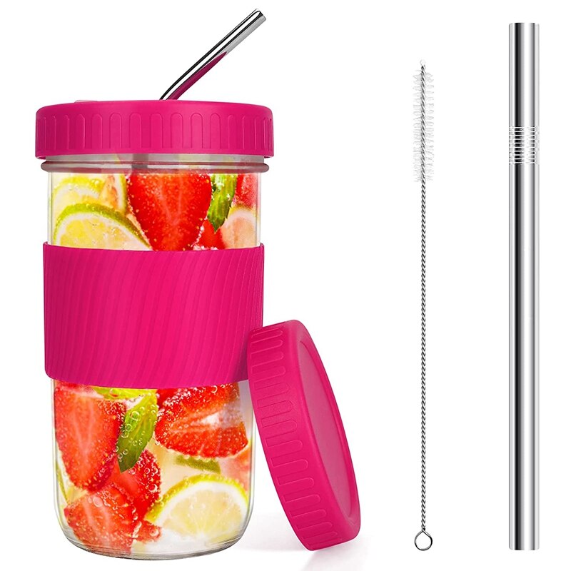 22Oz Reusable Boba Cup Mason Jar Cups with Lids and Straws Smoothie Cup Wide Mouth Bubble Tea Cup Travel Mug: Purple
