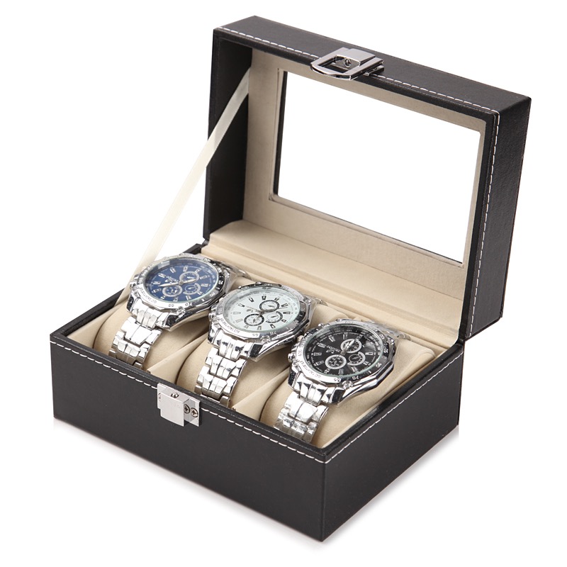 Organizador de reloj de cuero con 3 ranuras, caja de reloj negra con exhibición de joyería en escaparate, estuche protector de