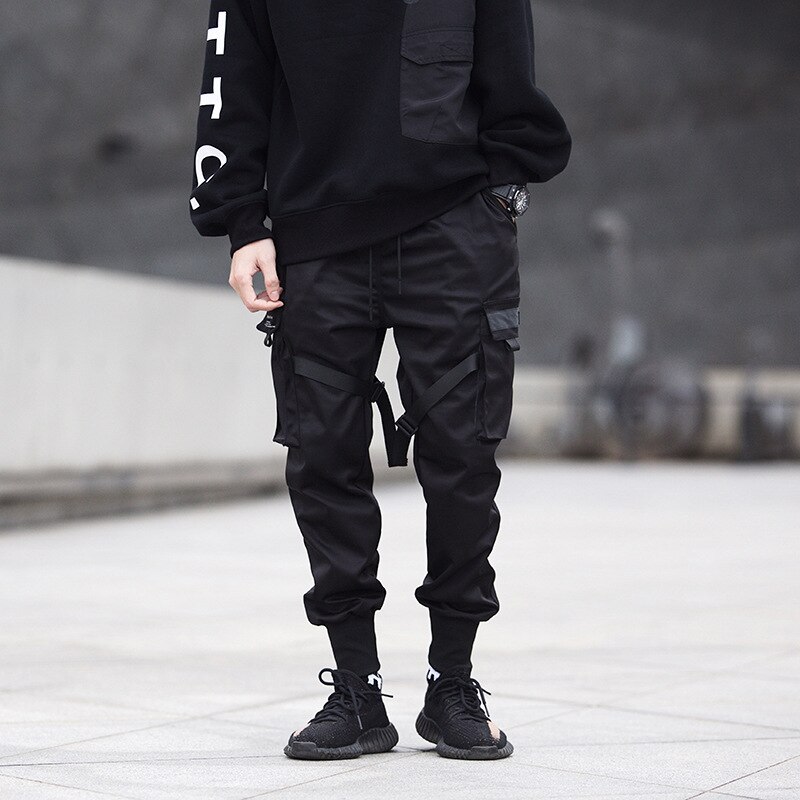 Pantalones Cargo de bolsillo negro para hombre, pantalón de chándal Harajuku, pantalones de chándal, Hip Hop,