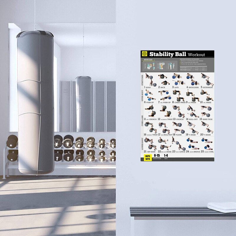 Yoga Ball Workout Exercise Poster Stability Ball Exercise Workout Poster for Bodyweight Home Fitness