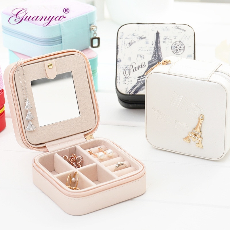 Guanya, novedad, Mini pendientes de tuerca, caja de joyería, organizador de maquillaje útil con cremallera, viaje, estuche de exposición portátil, para mujer