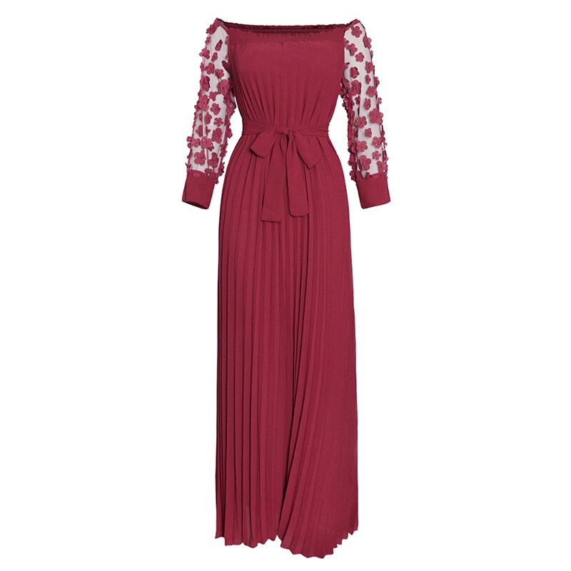 MD African Dresses For Women Off Shoulder Mesh Maxi Dress Party Abaya Lady Plus Size Evening Gowns: Burgundy