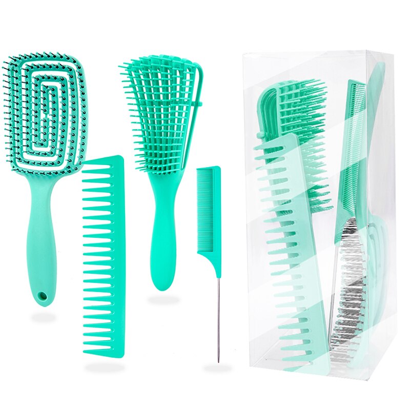 Detangling borste 4 delar hårborste set för afro lockigt krulligt långt hår knutar detangler lätt att rengöra hårvård stylingverktyg: Blå