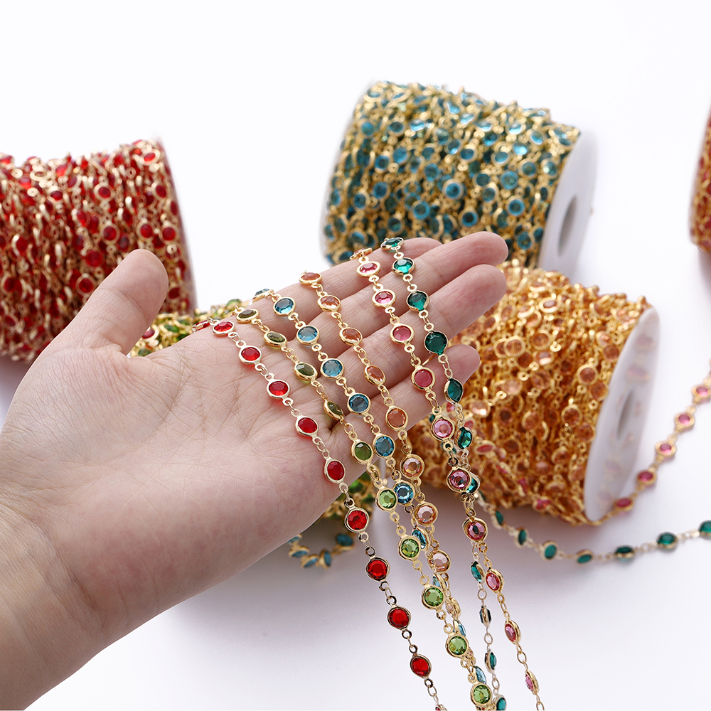1 metro/rollo de cuentas de cristal coloridas de 6mm, cadena con cuentas de cristal, collar de oro KC, accesorios de cadena para manualidades para hacer joyería DIY