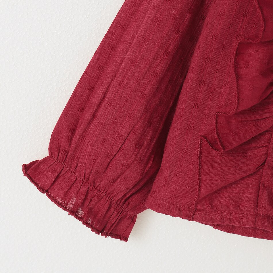 Camisa da menina da criança 2021 primavera moda bebê vermelho meninas blusas bonito manga longa plissado tops crianças roupas