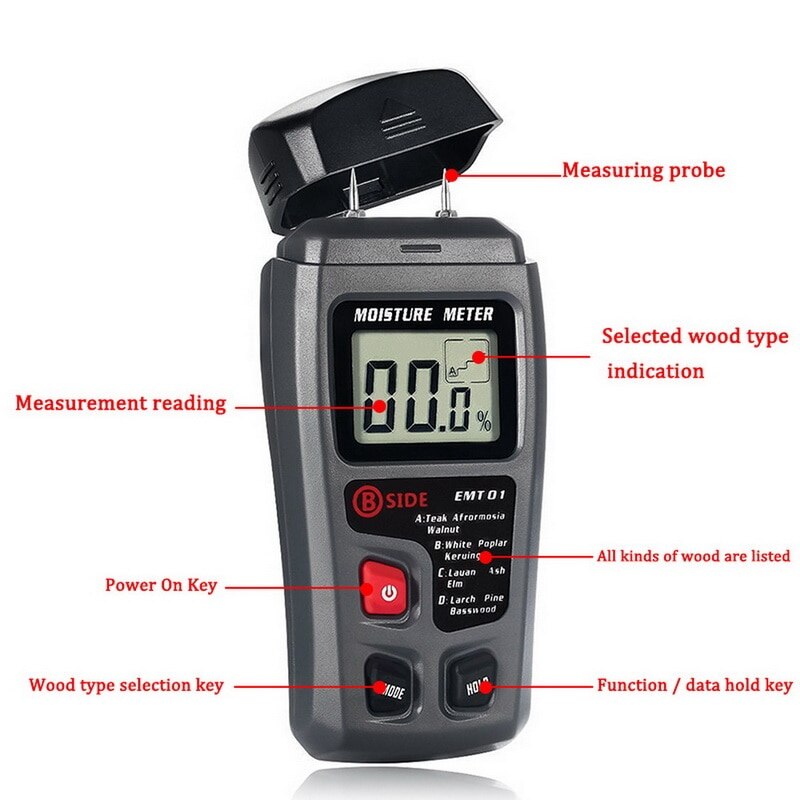 Wood Moisture Meter Hygrometer Damp Detector Tree Density Digital Tester Grey EMT01 Wood Humidity Tester