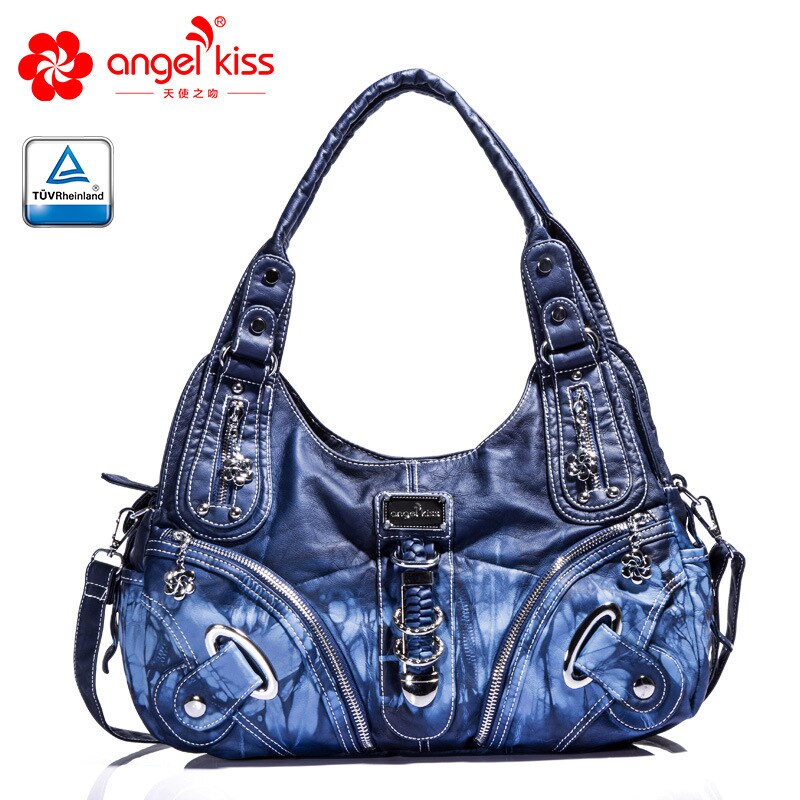 Store pu læder hobo håndtasker til kvinder luksus skuldertasker til shopping rejsetasker: Blå