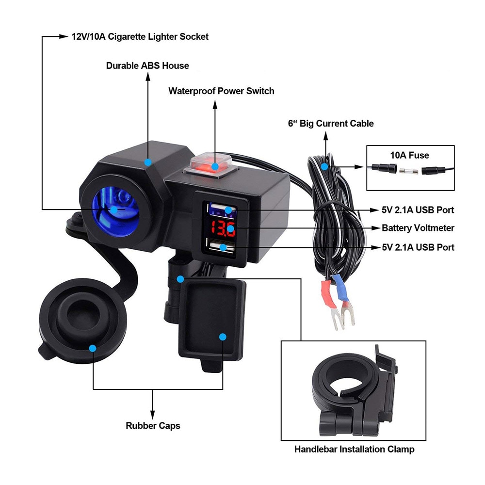Aileap Motorcycle Cigarette Lighter Socket Dual USB Ports Phone Charger Adapter with Battery Voltmeter and Power Switch