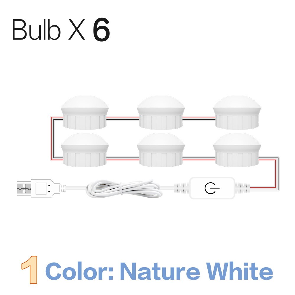 Usb 12v kit de lâmpadas led tipo hollywood para espelho, lâmpada regulável para maquiagem de banheiro, cosméticos, lâmpada de parede, iluminação para cosméticos: Nature White 6 Bulbs