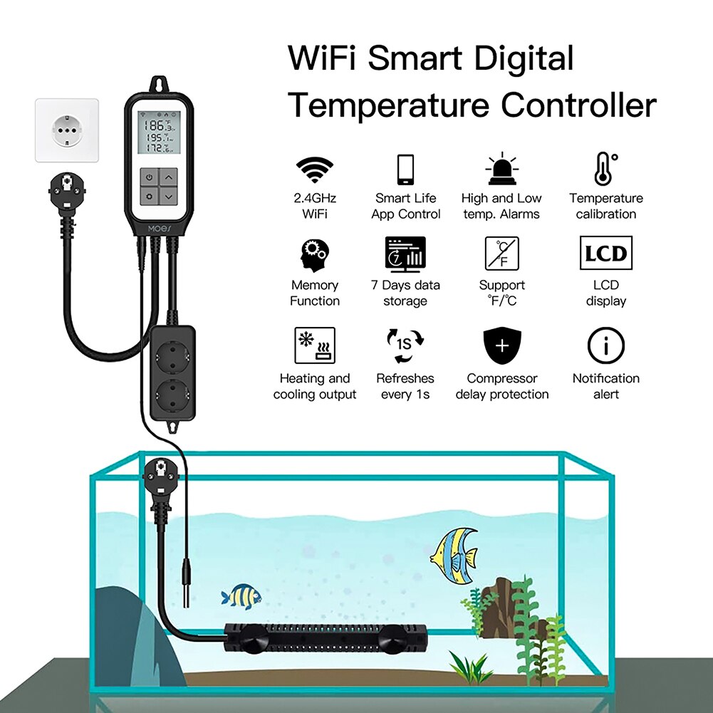 WIFI Smart Socket with Temperature Sensor Thermostat Controller Coolant Heat Relay Switch Tuya Smartlife Plants Aquarium Pool