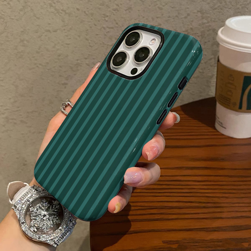 Dark green thin stripes Phone Case suitable for iPhone 17 16ProMax 15 14 14 12mini 7Plus XR 2in1 tough glossy case
