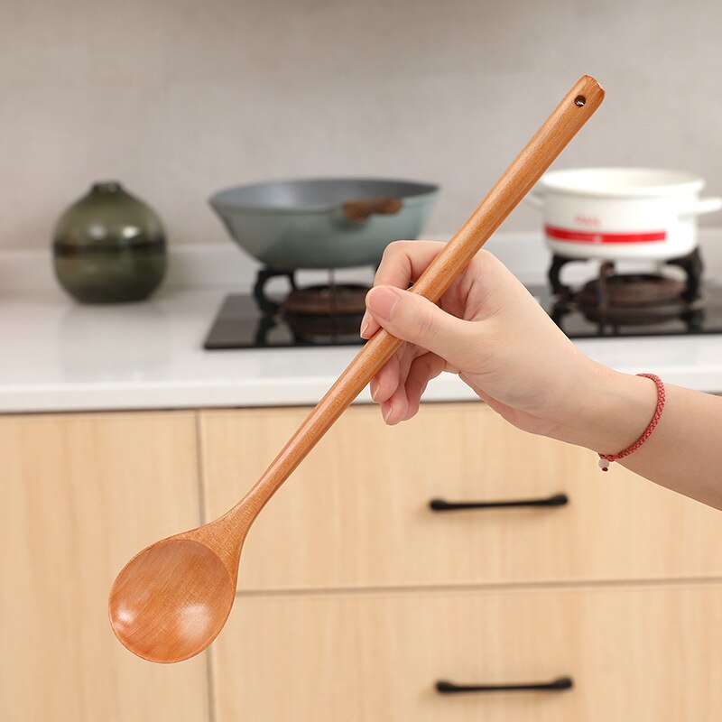 1PC Long Handle Wooden Spoon Japanese-Style Wood Soup Spoons For Eating Mixing Stirring Cooking Kitchen Supplies Tableware Home