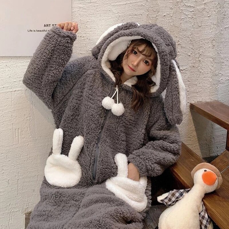 Cute Flannel Stitch Pajamas Winter Plus Velvet Warm Onesie Women&#39;s Sleepwear Unisex Rabbit Loose Thick Plush Hooded Homewear