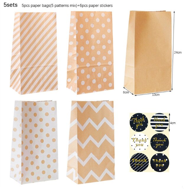 5 Sets Polka Dot Stripe Blank Kraft Paper Bags Candy Bag Wedding Birthday Party DIY Packaging Bags With Thank You Sticker: A
