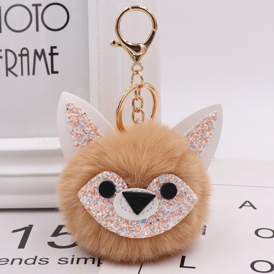Automne et hiver Style Jade visage renard sac porte-clés modèle Pom-pom porte-clés porte-clés femmes sac pendentif: 10 Kaki  Gold Tone Chain Buckle
