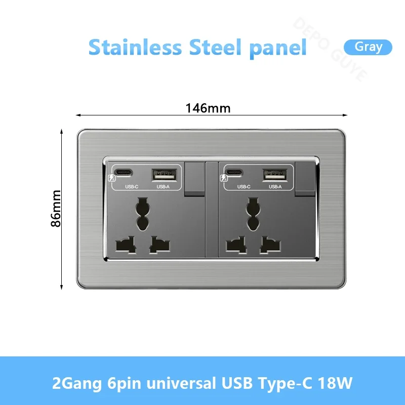 Universal Wall Light Switch Brushed Stainless steel Panel,UK Type-c 18W Quick Charging Socket 220V Double USB Electrical Outlet