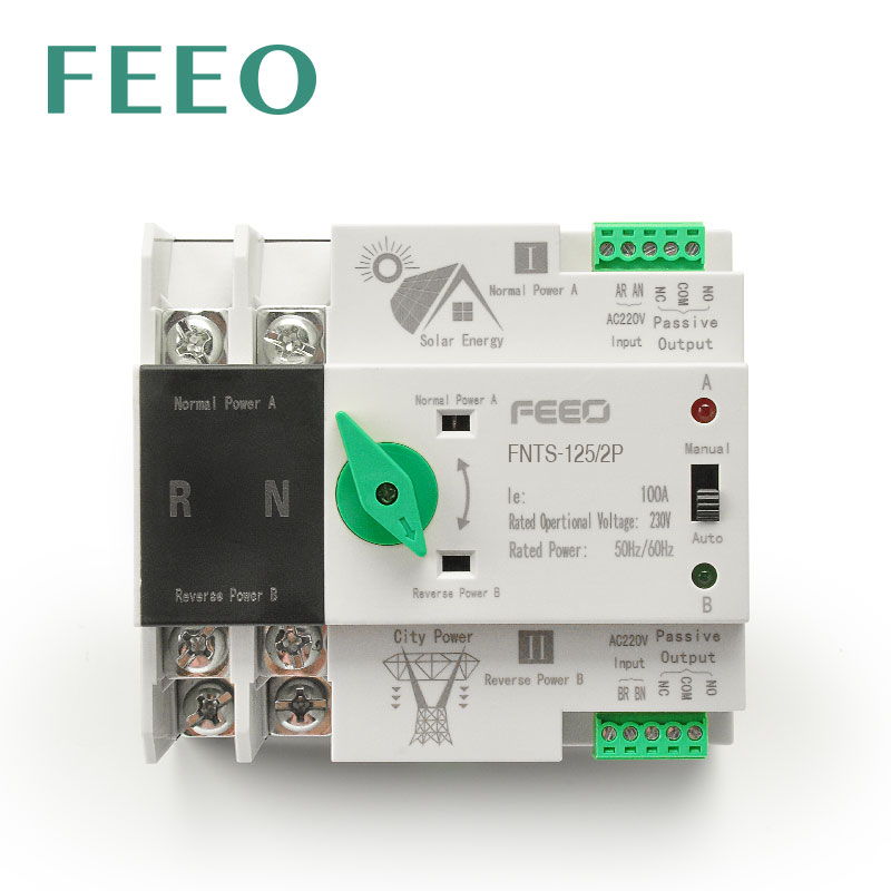 FEEO Din Rail 2P 125A ATS Solar Energy Dual Power Automatic Transfer Switch Electrical Selector Switch Uninterrupted Power Home