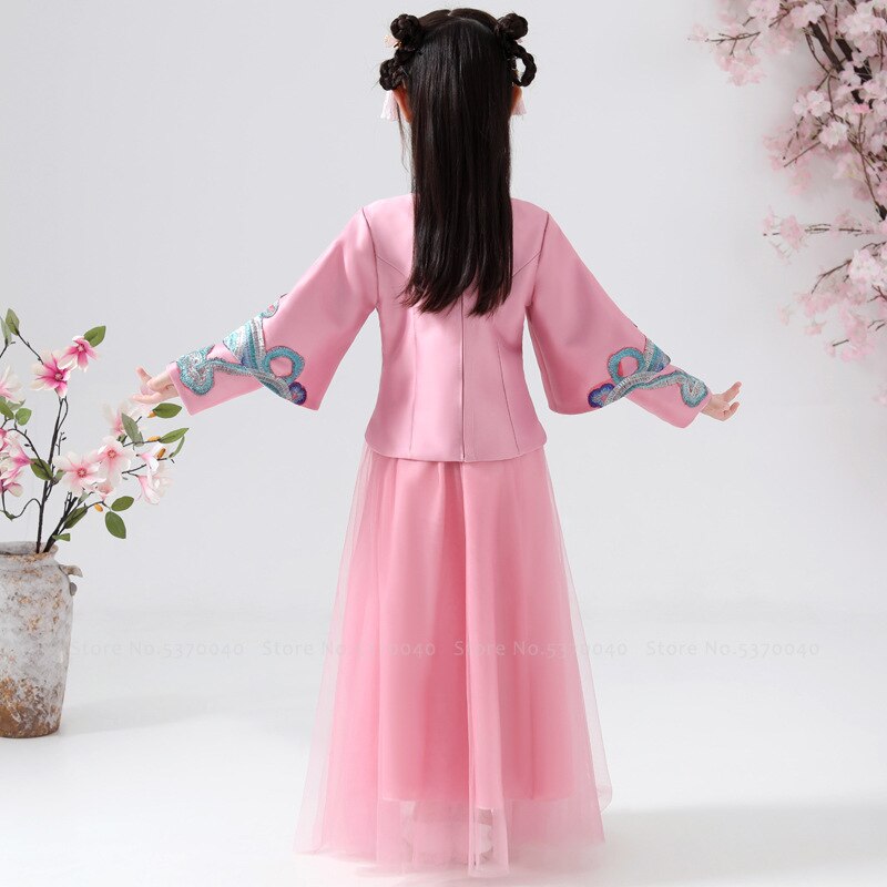 Cheongsam tradicional chino para niñas, traje Qipao Tang de manga larga, conjunto de vestimenta de Año , vestido de noche de princesa para niños
