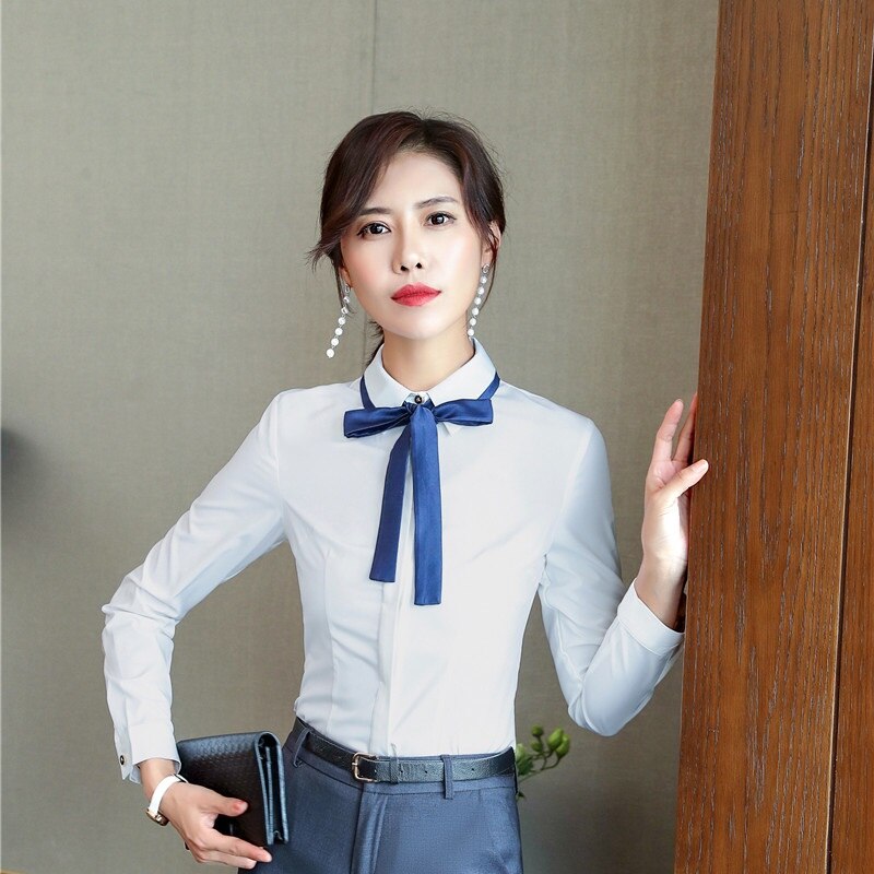 Nouveauté bleu Blouses & chemises pour femmes affaires travail usure OL Styles Blouse femme vêtements avec cravate automne