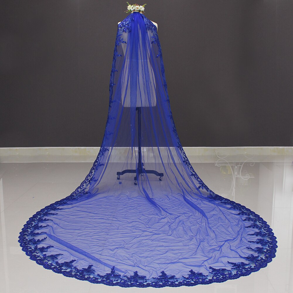 Voile de mariée coloré bleu Royal à paillettes scintillantes de 3 mètres, Long voile de mariée avec peigne, cathédrale,