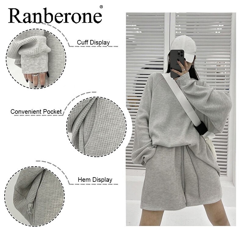 Ranberone Women Tracksuits Hip Hop Casual Two Piece Sport Suits Pullover Sweater Loose Shorts Women Streetwear Outfits Solid Set