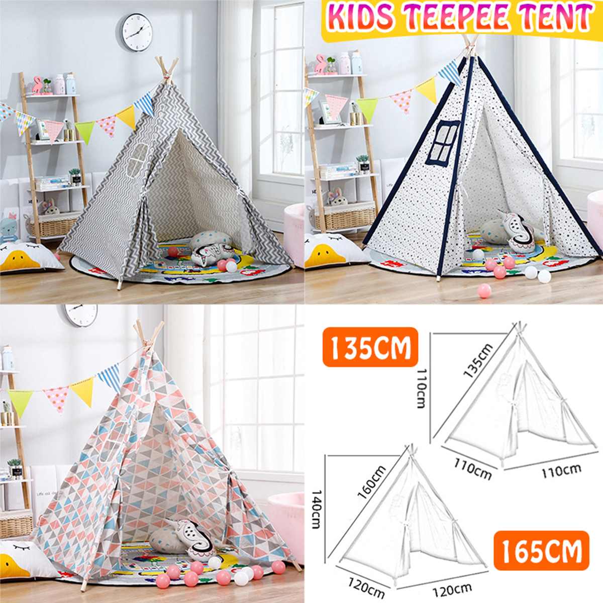 1.35/1.65M Draagbare Kinderen Tenten Speelhuis Kinderen Katoen Canvas Indian Spelen Tent Wigwam Kind Little Teepee kamer Decoratie