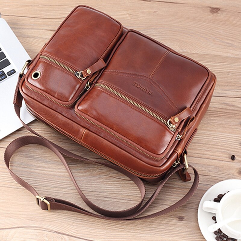 Pi uncle leren retro heren schoudertas aktetas multi-pocket handtas messenger bag