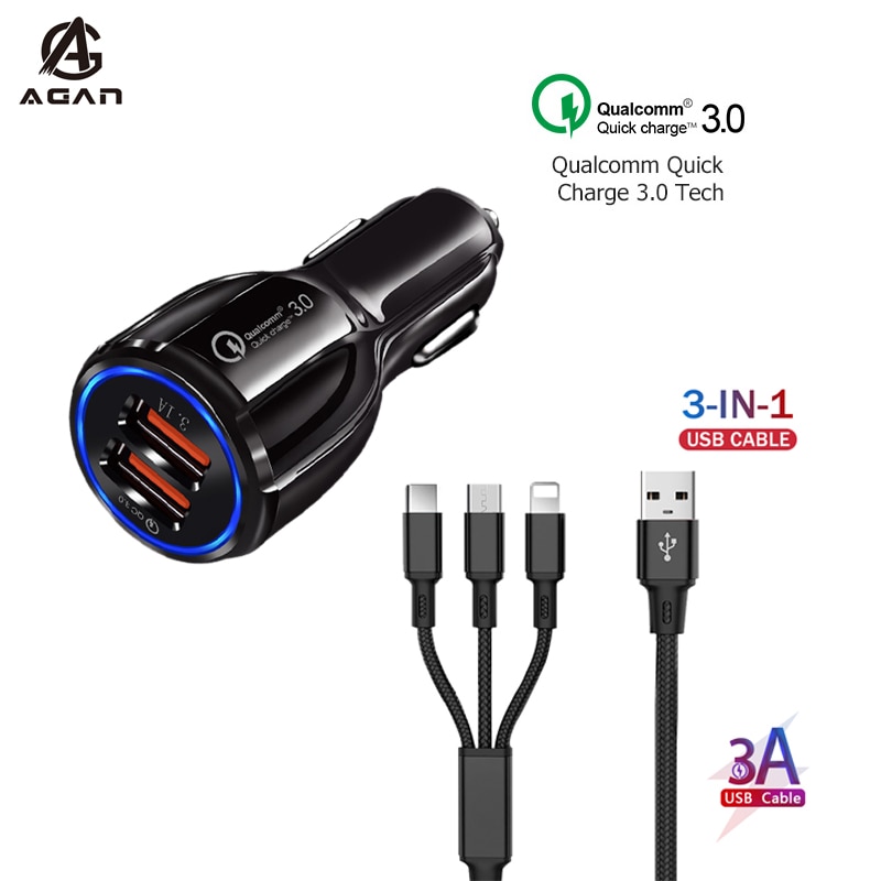 3 In 1 Snel Opladen Kabel Voor Samsung Note 10 9 S20 S10 S9 S8 A9 A7 A6 Plus lite Dual Usb-poort Qc 3.0 Auto Lader Adapter