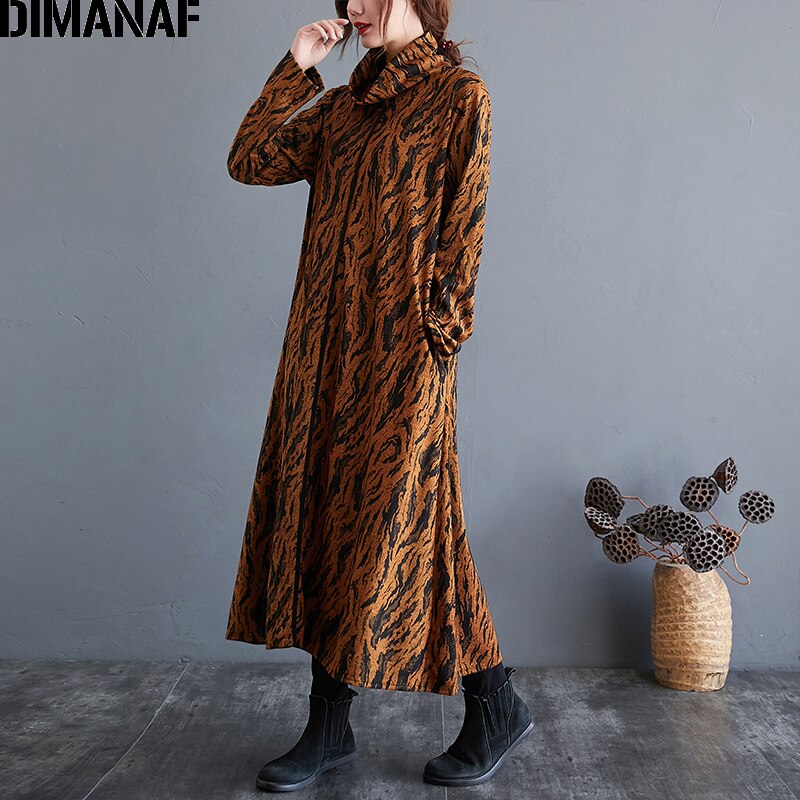 DIMANAF-vestido estampado de talla grande para mujer, vestido vintage de cuello alto, de invierno, holgado, grueso, de manga larga, Indie Folk